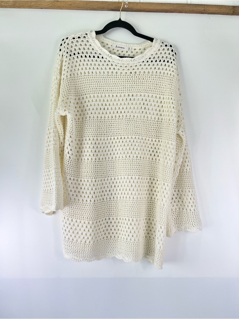 Cream Crochet Crewneck Open Weave Sweater Boho Beach Pool Coverup Festival Fairy